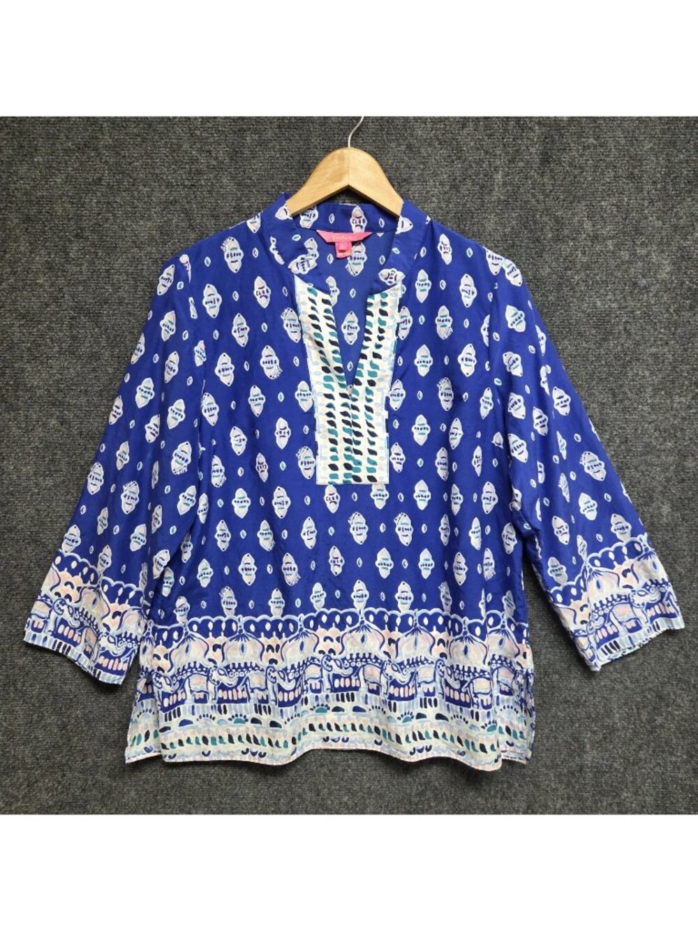 Lilly Pulitzer Top Large Lapis Engineered Asani Tunic Elephants Boho Distressed